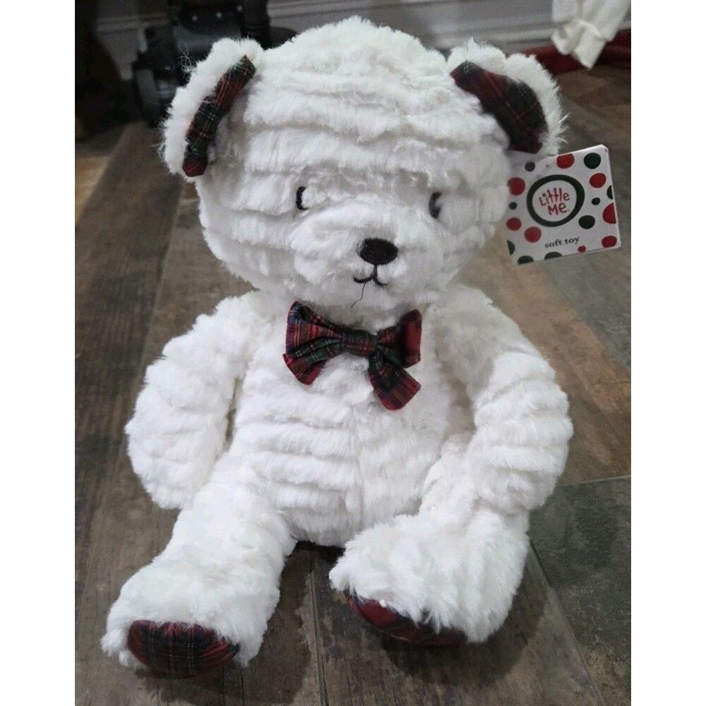 Little Me Fuzzy White Bear Plush Stuffed Animal 12" Holiday Tartan Plaid Details